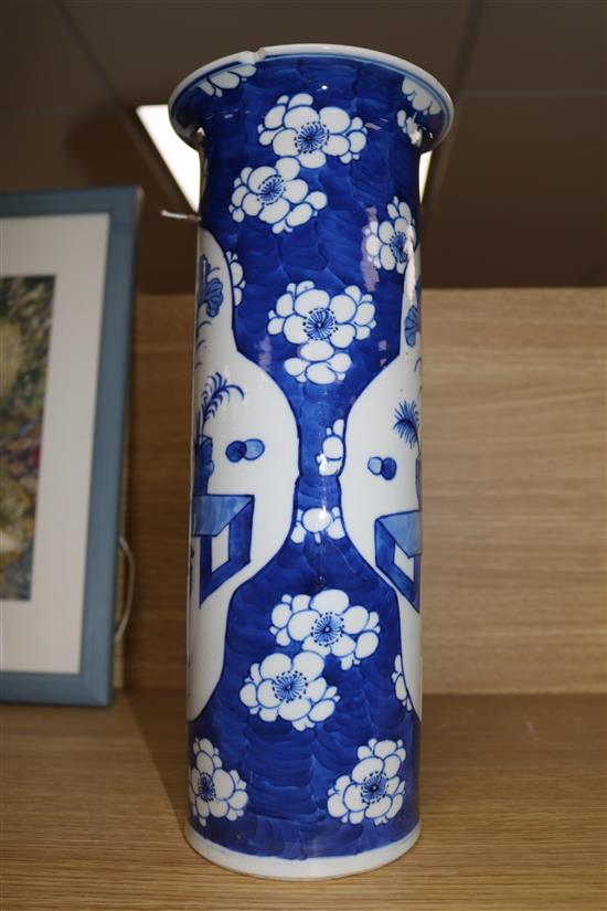 A 19th century Chinese blue and white sleeve vase, H 36cm (rim chips)